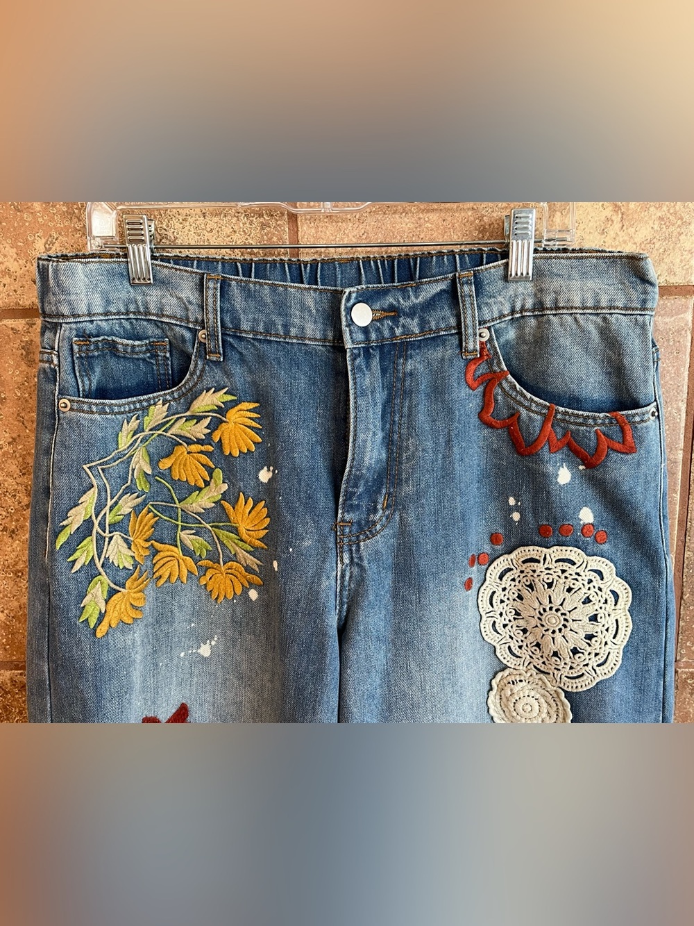 Oli and Hali Embroidered Boho Floral & Crochet Denim Wide-Leg Jeans XL NWT - Picture 6 of 15